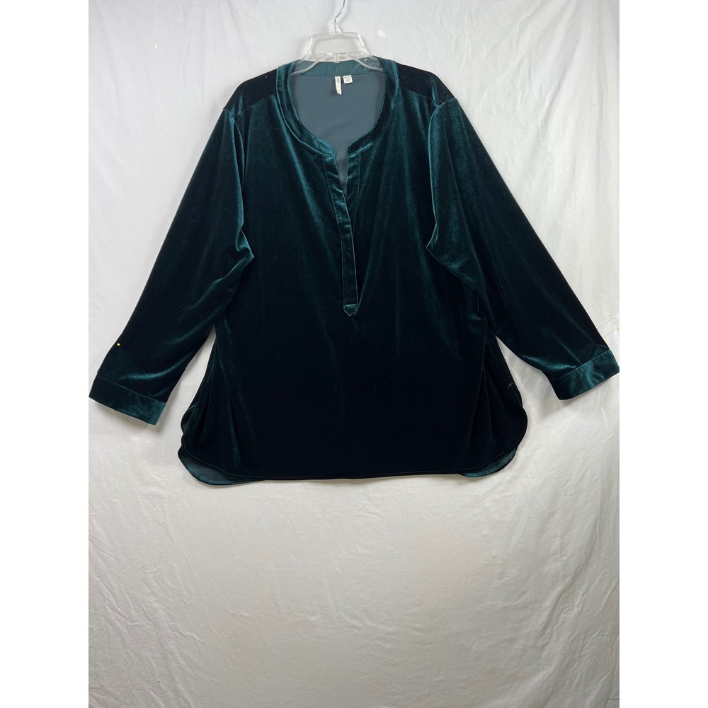 Cato Tunic Top Womens 26/28W Green Velvet Split Neck Long Sleeve Relaxed Fit